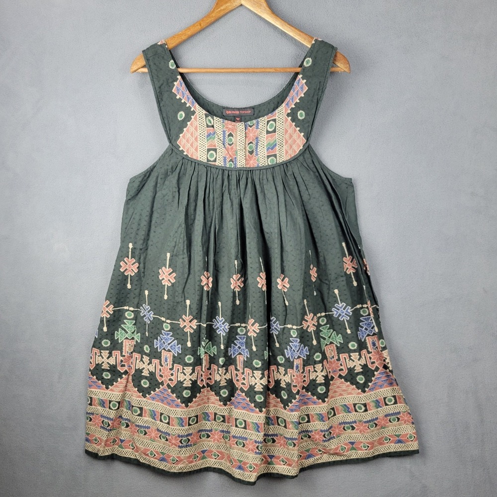 Kate Moss Topshop Sun Dress Women 12 Black Aztec Print Cotton Pleated Round Neck - Picture 1 of 8